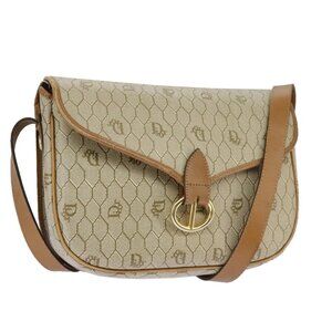 Christian Dior Honeycomb Canvas Shoulder Bag PVC Leather Beige Gold